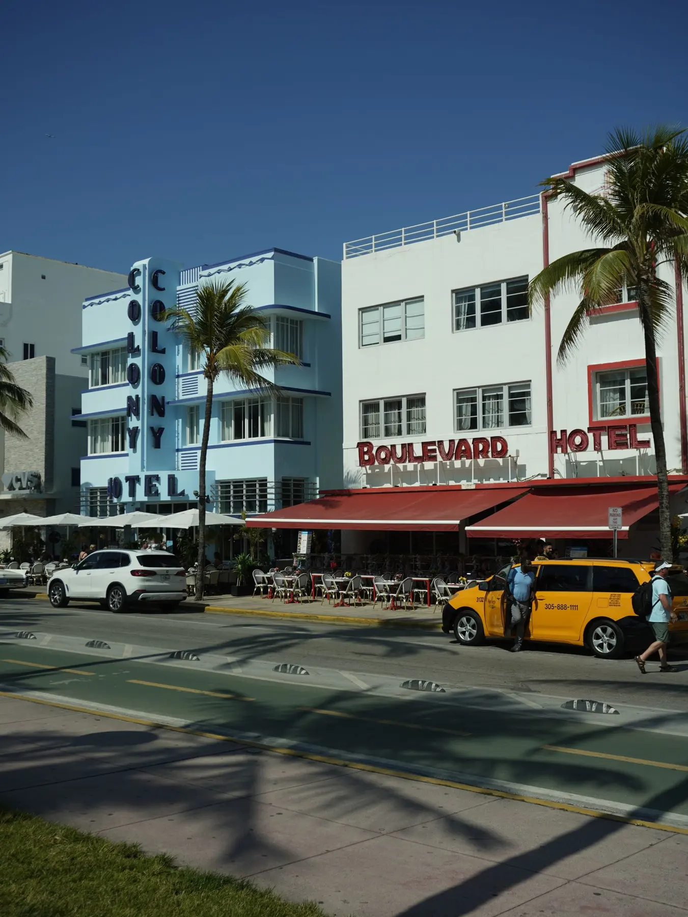 Colony Hotel and Boulevard Hotel Art Deco facades on Ocean Drive, Miami Beach